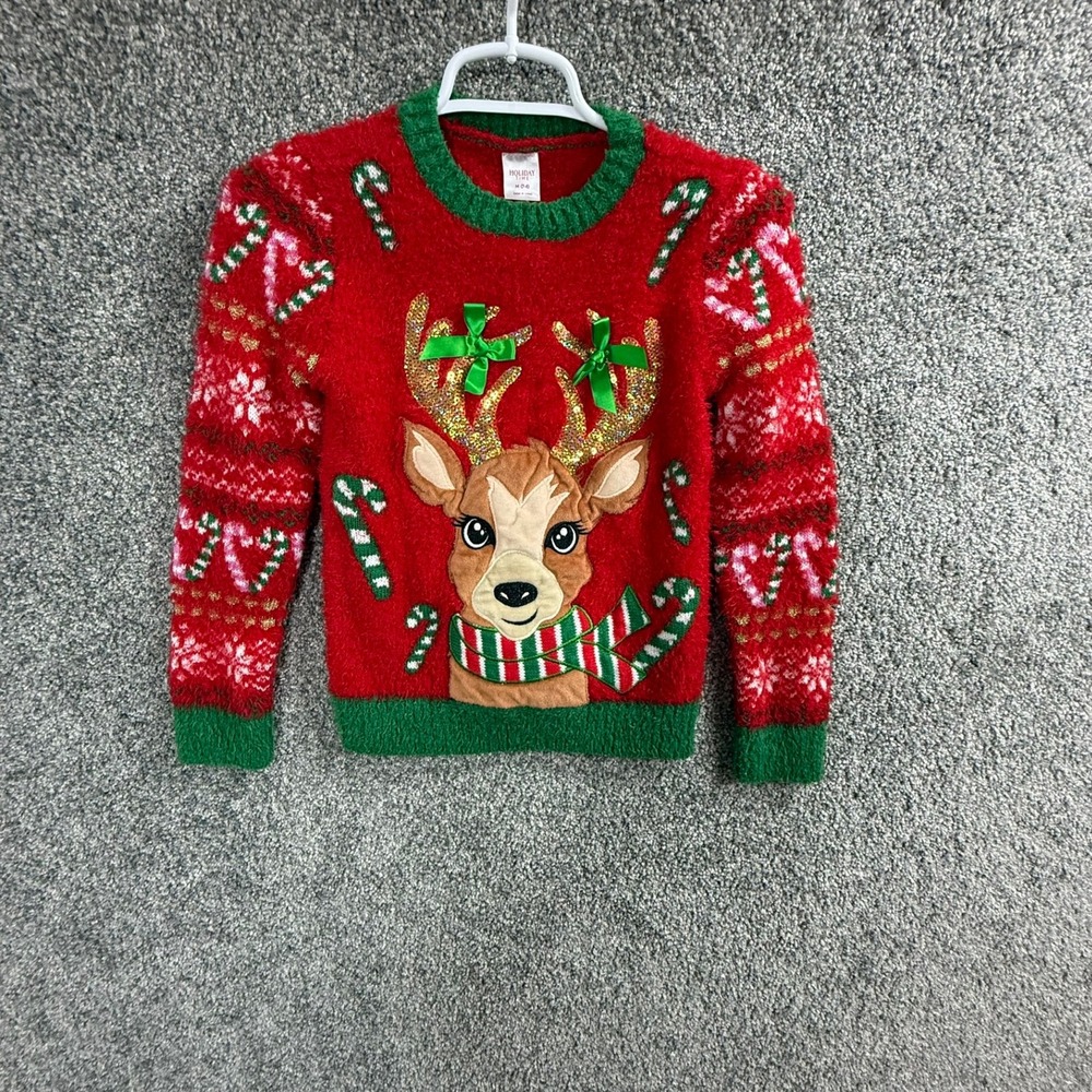 Holiday Time Girls Reindeer Ugly Christmas Sweater Red Green Sequin Bows M 7-8